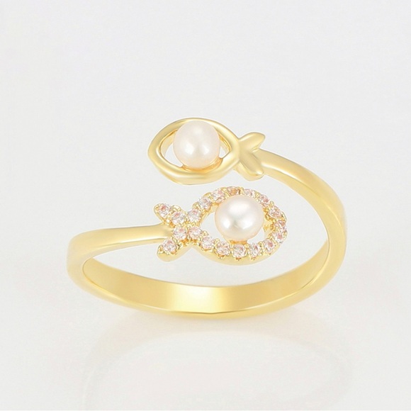 Fish Ring Adjustable Ring 14k Gold Plated CZ Stone - Picture 3 of 9